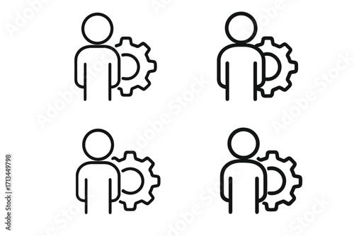 User profile settings icon. Person with gear symbol for account management or admin. Technical skill development concept. Employee or staff pictogram for web and app design.
