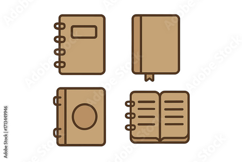 Notebook icon collection with color outline. Minimalistic linear pictograms for web, graphic design, apps. Vector set of journal, diary, planner, and school book symbols.