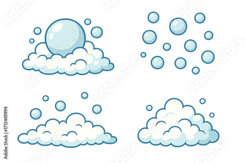 Cartoon foam and bubbles vector set. Soap sud, lather, and fizz for bath or cleaning. Water effervescent effect. Comic illustration of soapy froth and air bubbles on white.