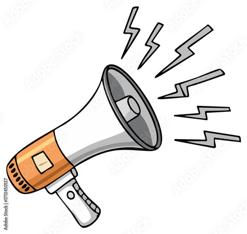 Cartoon megaphone with lightning bolt sound waves representing loud announcement or alert