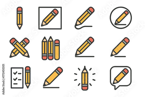 Pencil icon set for editing, writing, drawing. Vector collection of creative and educational symbols. Linear pictograms for graphic design, web, apps, and office supplies.