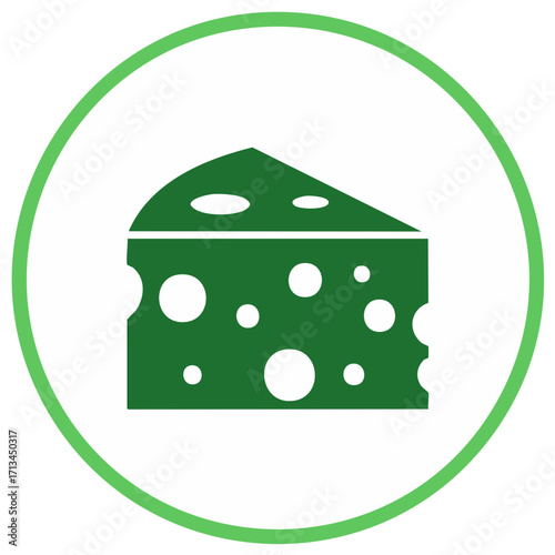 Minimalist green cheese wedge icon in a circle. Flat vector graphic symbol for dairy food products and appetizers.