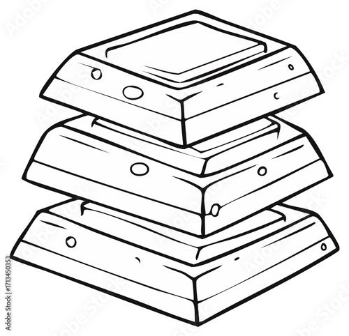 Stack of chocolate square pieces outline vector illustration design for coloring books or decoration in confectionary shop