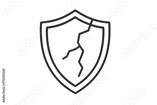 Cracked shield icon. Broken protection and security failure concept. Vector illustration of a weak, vulnerable defense symbol. Data breach and system risk metaphor.
