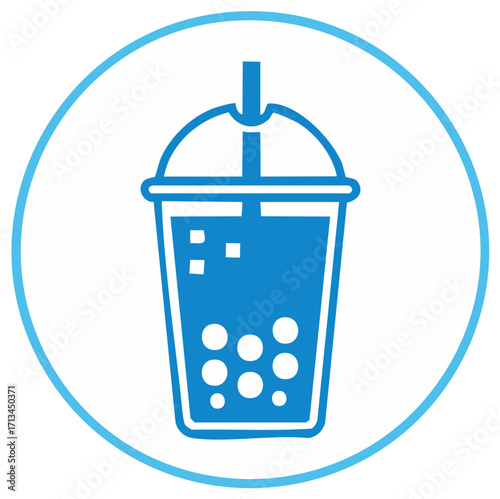 Bubble tea drink vector icon in blue circle, popular beverage with tapioca pearls, refreshing iced tea with flavor
