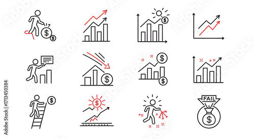 Business performance and financial outcome vector line icon set. Linear symbols representing concepts of growth, decline, success, and failure
