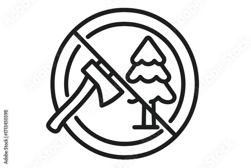 No tree felling icon. Deforestation and logging prohibited sign. Stop cutting trees concept for environmental protection. Axe and forest conservation symbol. Forbidden vector logo.