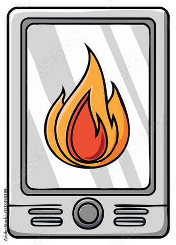 Cartoonish portable heater with glowing orange flames in a silver frame, winter appliance for warming a space