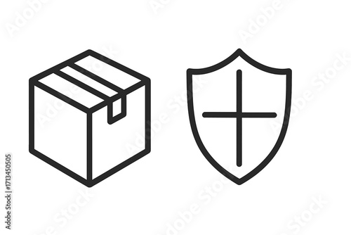 Secure package delivery concept with box and shield icon. Symbol for shipping insurance, guaranteed protection, and safe cargo logistics. Vector for e-commerce and transport.