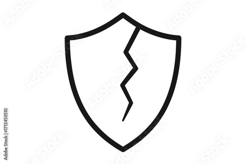 Broken shield icon. Cracked security symbol. Concept of vulnerability, risk, failed protection. Damaged defense metaphor for data breach, error, danger, or unsafe system.