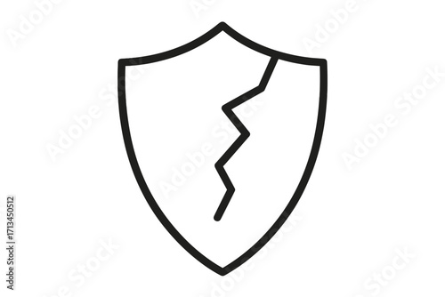 Broken shield icon concept of vulnerability, risk and danger. Unprotected symbol. Security breach, data leak metaphor. Damaged defense sign. Weak system, error icon.
