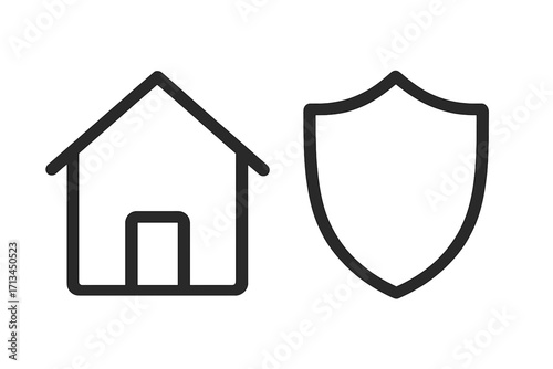 Home security linear icon set. House with shield symbol for safety and protection. Concept for property insurance, real estate guard, safe residence, and guarantee. Vector line art.