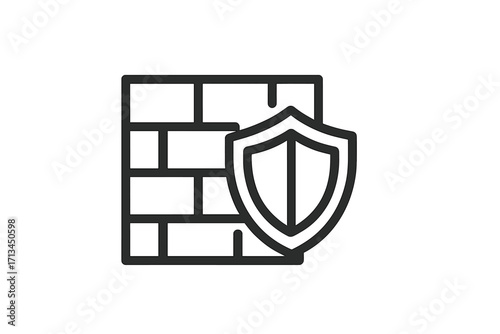 Firewall security icon with shield and brick wall. Concept for network safety, data protection, cyber defense, and privacy. Linear vector symbol for app and web design.