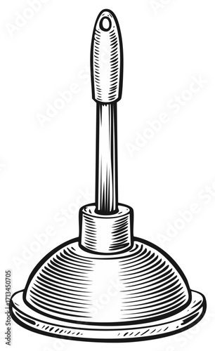 Drawn plunger for household cleaning and clog removal in black and white