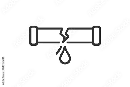 Broken pipe water leak icon. Plumbing problem symbol. Burst pipeline, water damage concept. Dripping water drop from a cracked tube. Emergency repair service sign. Outline vector.