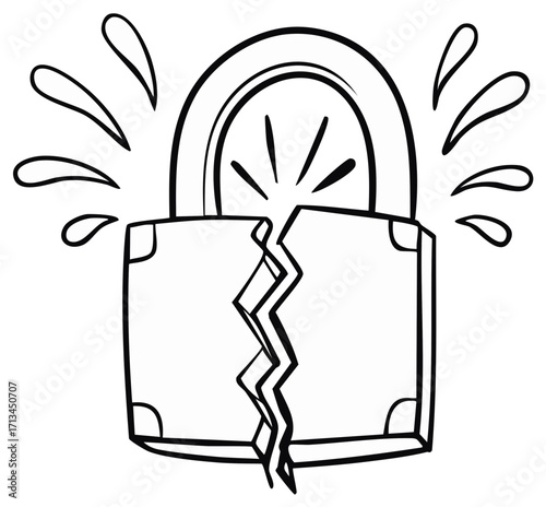 Cartoon broken lock with splashes of water symbolizing release or damage
