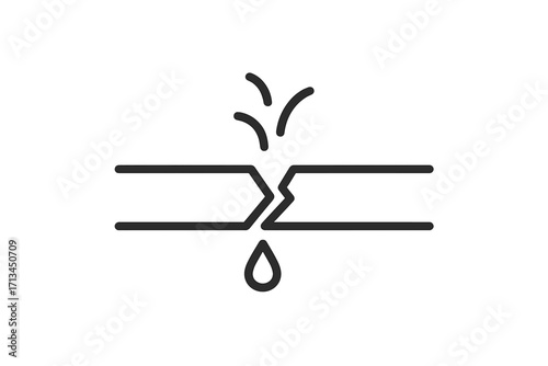 Broken pipe with water leak icon. Burst pipeline, plumbing problem, damage, and leakage concept. Dripping water drop. Emergency repair service sign. Outline vector symbol.