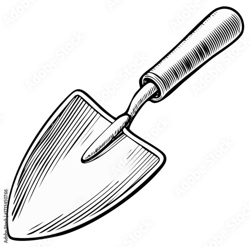 Hand-drawn trowel illustration with hatching, vintage garden tool, for planting and digging. Detailed sketch of gardening equipment.