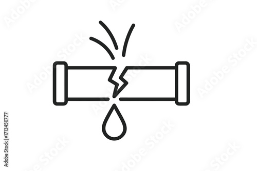 Broken pipe water leak icon. Vector outline symbol of a burst pipeline with dripping water. Plumbing accident, damage repair, and emergency service concept illustration.
