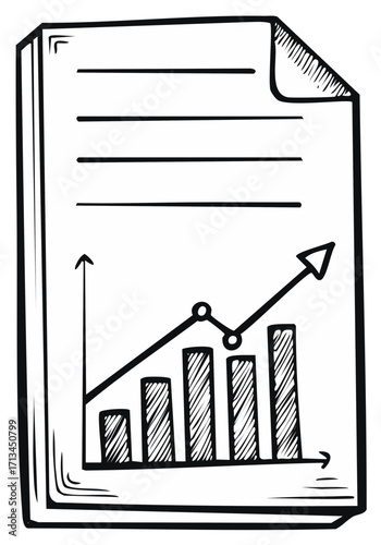 Doodle style bar chart with upward trending line graph on document