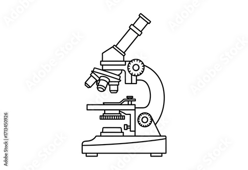 Black and white line art illustration of a laboratory microscope for scientific research.