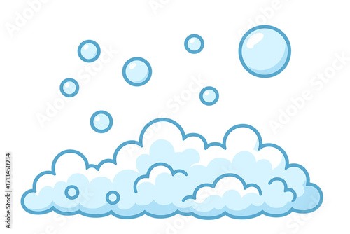 Cartoon soap foam and bubbles vector illustration. Suds for bath, cleaning, or laundry concept. Clean water and air bubbles floating. Flat design element on transparent background