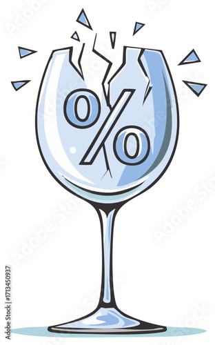 Cracked Wineglass with Percentage Sign Reflecting Financial Instability