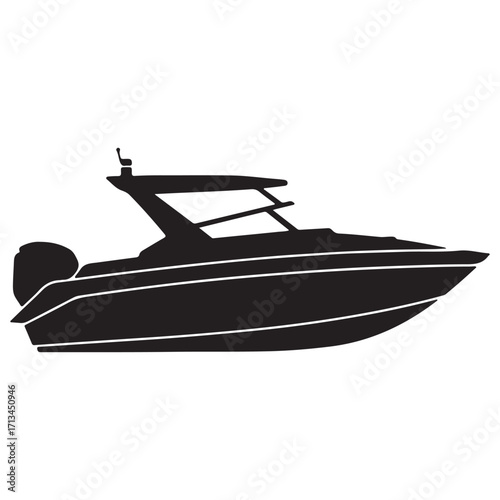Elegant Motorboat Silhouette on White Background Representing Leisure Transportation and Maritime Adventure for Design and Illustration Projects
