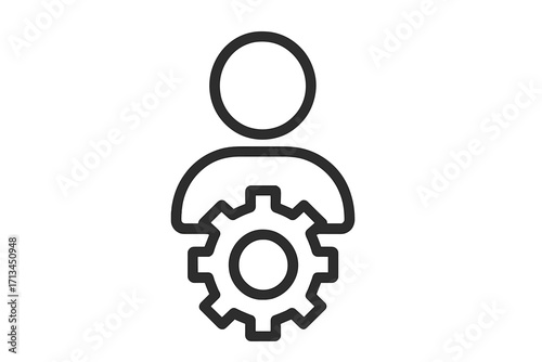 User settings icon. Person and gear pictogram for account management, profile configuration and admin access. Technical support, employee skills and development concept.
