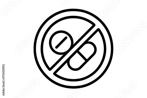 No drugs sign icon. Pills and capsule prohibited symbol. Stop medication, drug-free warning. Vector illustration for healthcare, pharmacy, anti-doping concepts. No medicine.