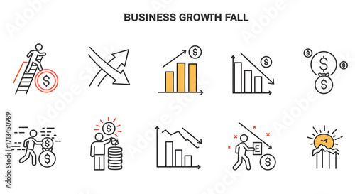 Vector illustration set depicting business growth challenges, financial crisis, and economic downturn through various line icons symbolizing recession, loss, and market instability
