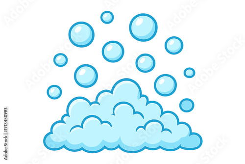 Blue soap foam and bubbles vector illustration. Cartoon icon of suds and lather for cleaning, washing, or shampoo. Fizzy carbonated water or soda pop bubbles symbol.