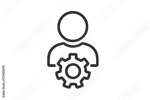 User settings icon with gear. Staff management, admin, developer concept. Person with cogwheel symbol for account configuration. Profile preferences, technical support pictogram.