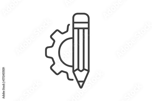 Creative engineering and development icon. Gear and pencil symbol for customization, settings, and design process. Technical configuration and prototyping vector line art.