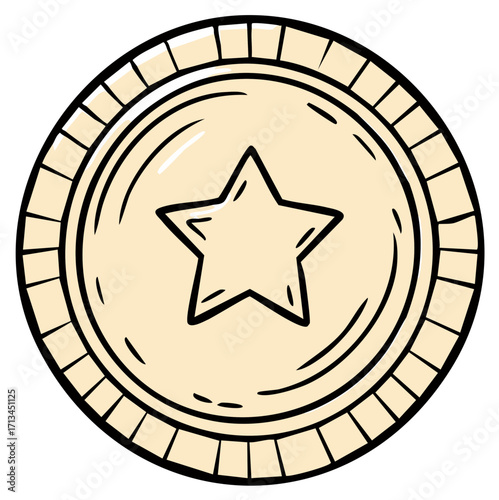 Cartoon gold coin with a star symbol, a hand drawn illustration of a game token or reward money