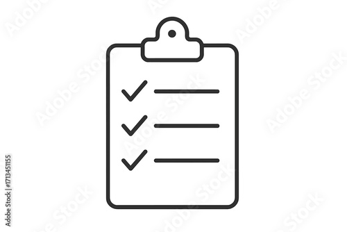 Checklist icon on clipboard. Task management and to-do list concept. Survey or poll form. Project planning, organization, and schedule symbol. Vector line art illustration.
