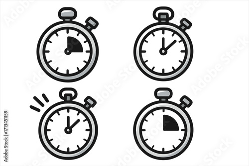 Stopwatch timer icon set for time management and deadline concepts. Vector illustration of chronometer, clock face with countdown and alarm for sport, business, web and apps.