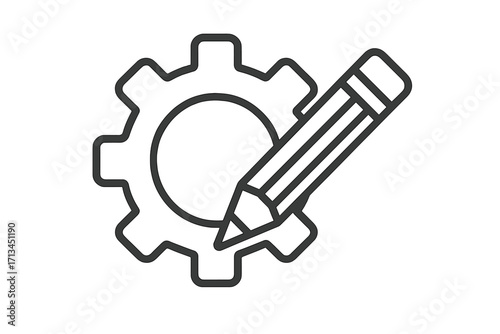 Gear with pencil linear icon for customization. Settings, configuration, and creative process symbol. Concept for development, engineering, editing, and technical drawing.
