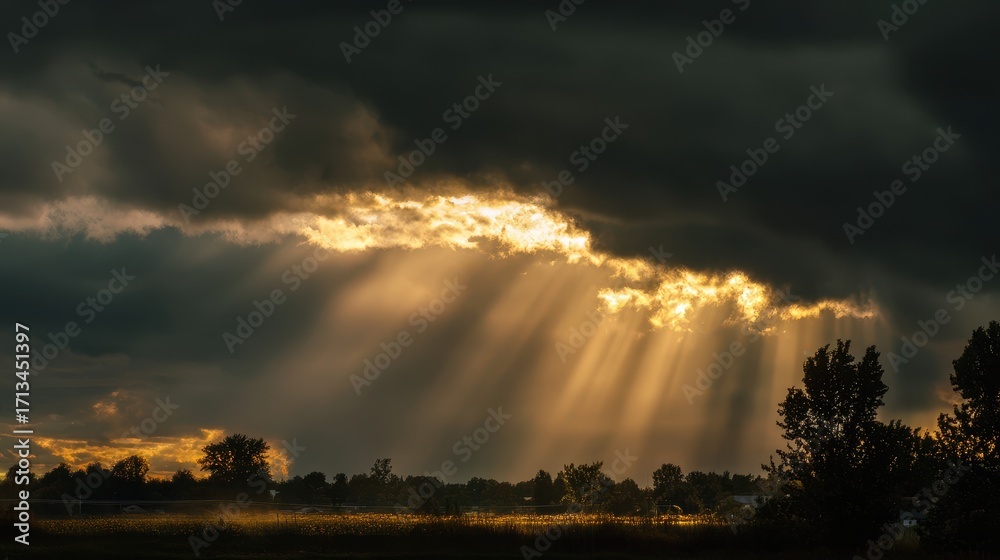 Fototapeta premium Golden Sunlight Piercing Dark Clouds Over Rural Landscape