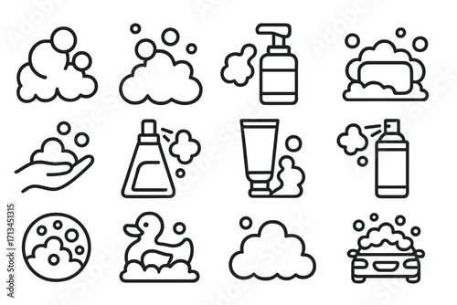 Soap foam bubbles line icon set. Washing hands, car wash, clean concept. Vector collection of outline pictograms like dispenser, spray, bath duck, bar soap for web design.