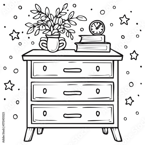 Cartoon Style Nightstand with Drawers, Books, Clock, and Vase Illustration