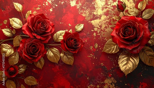 Red roses with gold leaves on a textured background
