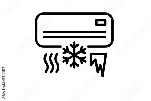 Air conditioner icon, climate control symbol. HVAC system for cooling and heating. Vector line art with cold air flow, snowflake, and ice. Winter and summer temperature concept.