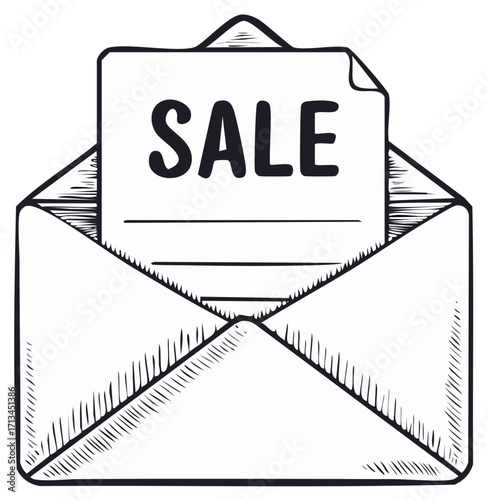 Hand Drawn Open Envelope with Sale Message Inside Mailing Promotion