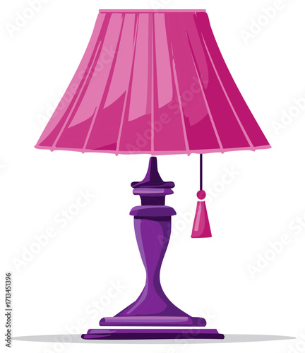 Elegant Pink Lampshade Table Lamp with Tassel Ornament Purple Base Home Lighting Vector Illustration