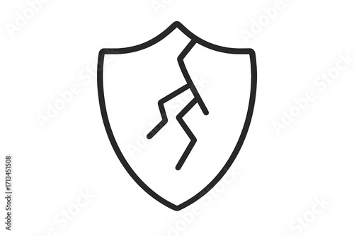 Cracked shield icon. Concept of vulnerability, security breach, and failed protection. Vector illustration of a broken defense symbol for data risk, cyber attack, and unsafe system.