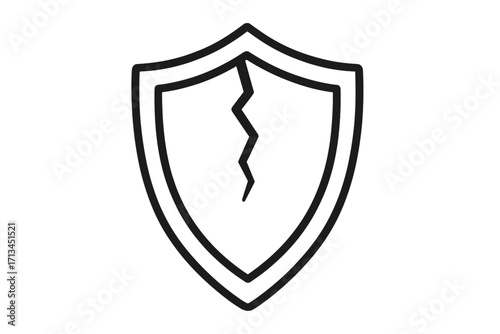 Cracked shield icon vector. Security breach concept. Vulnerability, data protection failure, cyber attack symbol. Broken defense line art. Unsafe, risk, danger illustration.