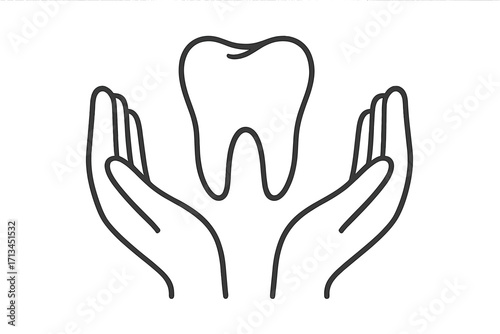 Hands holding tooth. Dental care icon. Oral health protection concept. Vector line illustration for dentistry, stomatology, hygiene. Metaphor for insurance, clinic logo.