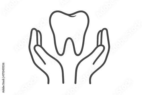 Dental care and protection concept. Hands holding a tooth. Oral hygiene and health symbol. Stomatology, dentistry, and clinic vector icon. Teeth insurance and treatment.