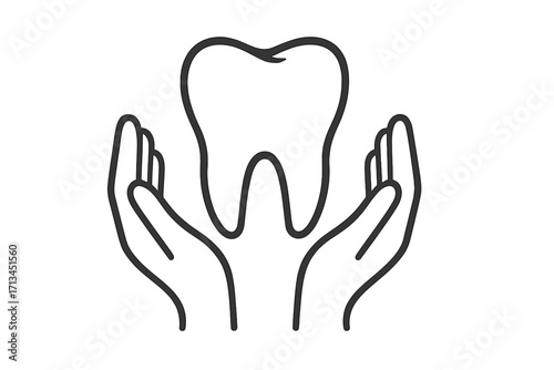 Dental care concept. Hands holding a tooth. Oral hygiene and health. Dentistry icon or logo. Stomatology, protection, and insurance metaphor. Vector line illustration.